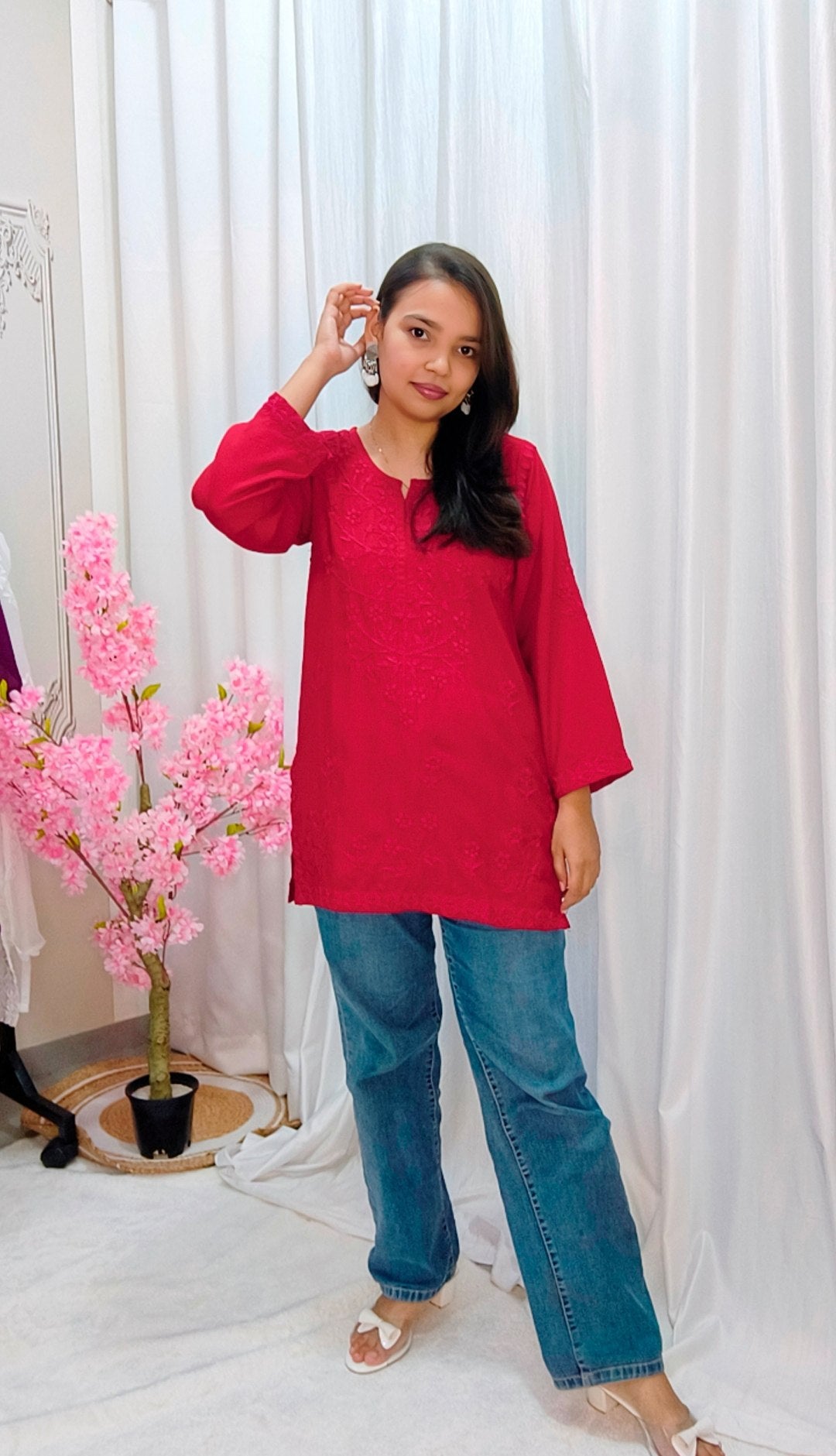 Women’s Red Rayon Cotton Chikankari Short Kurti