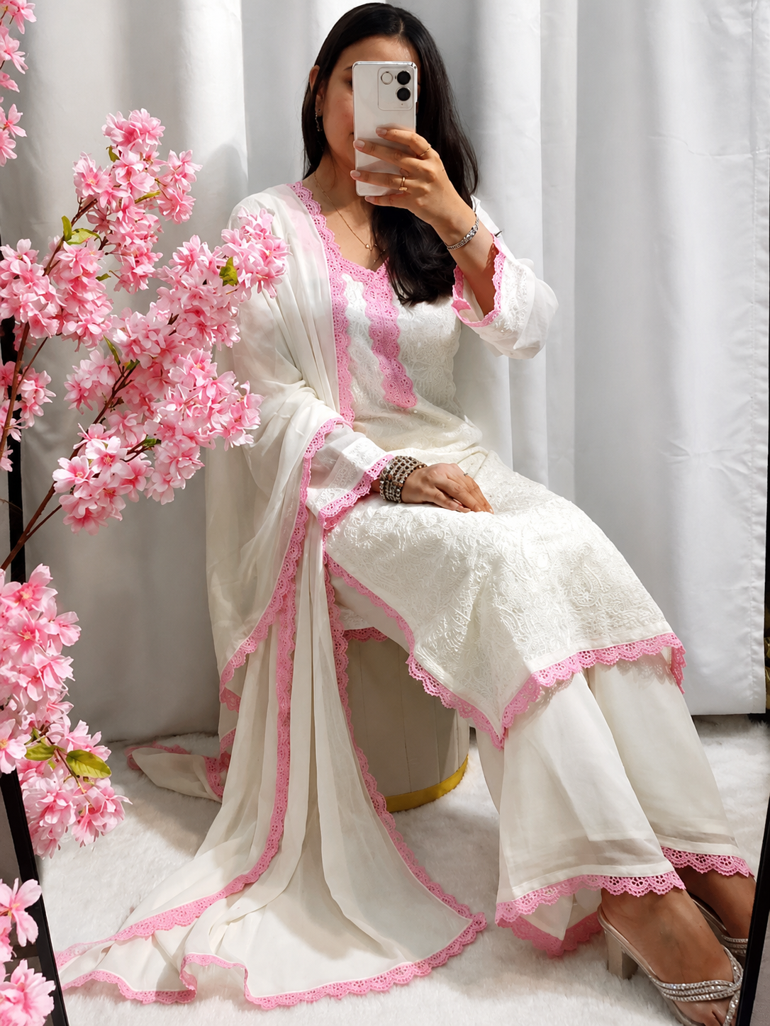 White Pink Chikankari Kurti Palazzo Set with Dupatta | Premium Georgette
