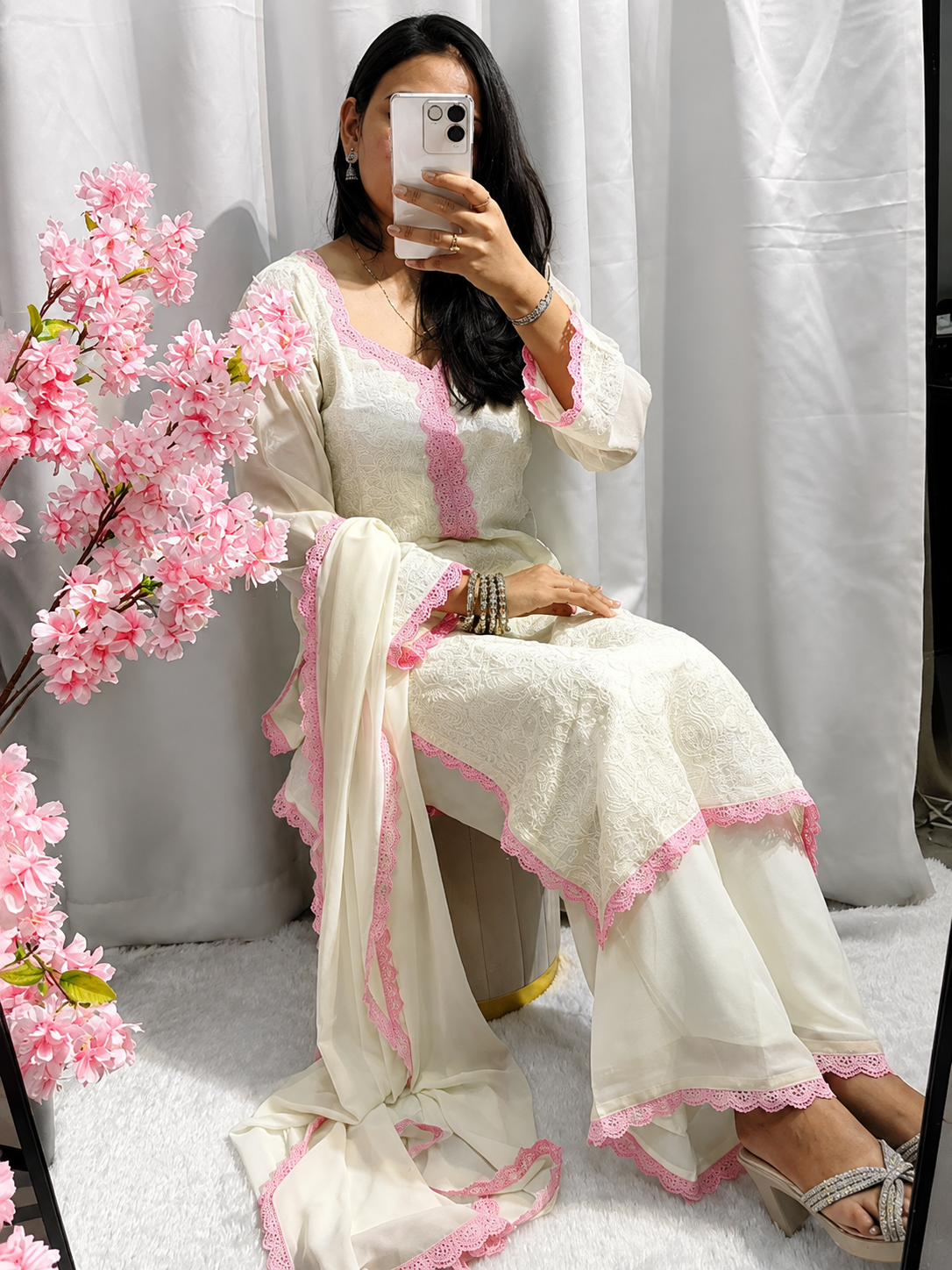 White Pink Chikankari Kurti Palazzo Set with Dupatta | Premium Georgette