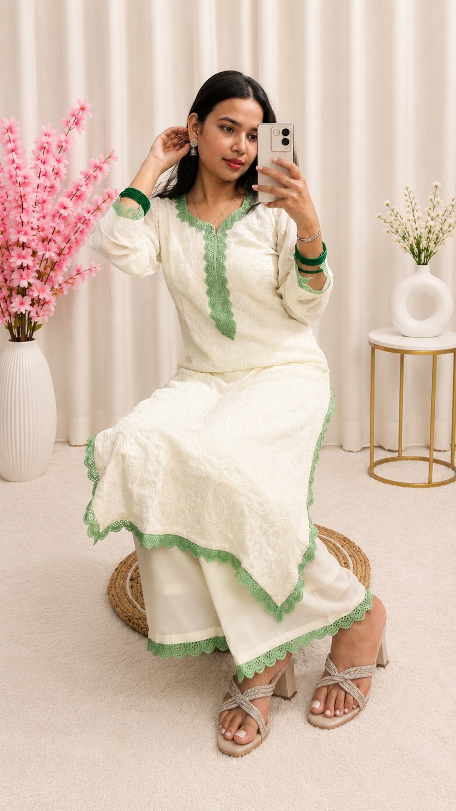 White Green Chikankari Kurti Palazzo Set with Dupatta | Premium Georgette