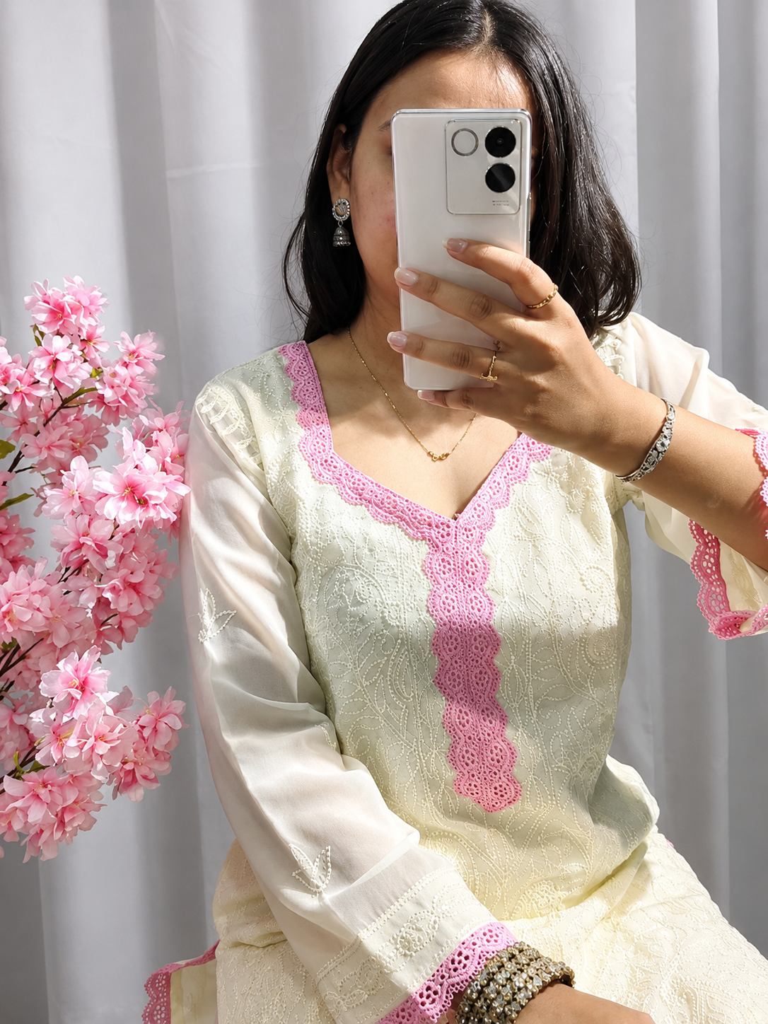 White Pink Chikankari Kurti Palazzo Set with Dupatta | Premium Georgette