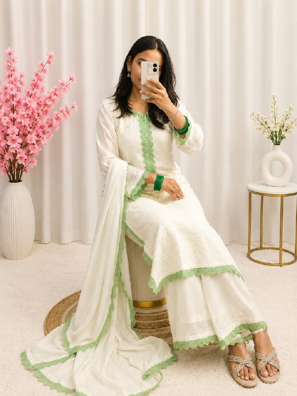 White Green Chikankari Kurti Palazzo Set with Dupatta | Premium Georgette