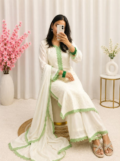 White Green Chikankari Kurti Palazzo Set with Dupatta | Premium Georgette