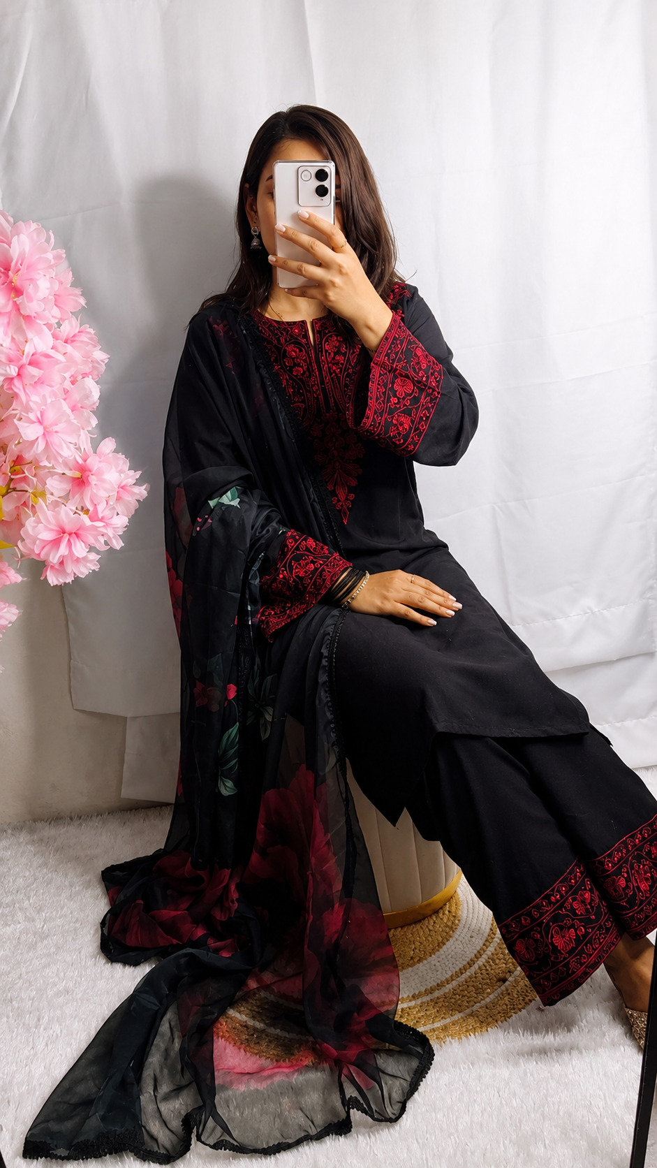 Premium Kashmiri Embroidery Suit Set with Printed Nazneen Dupatta