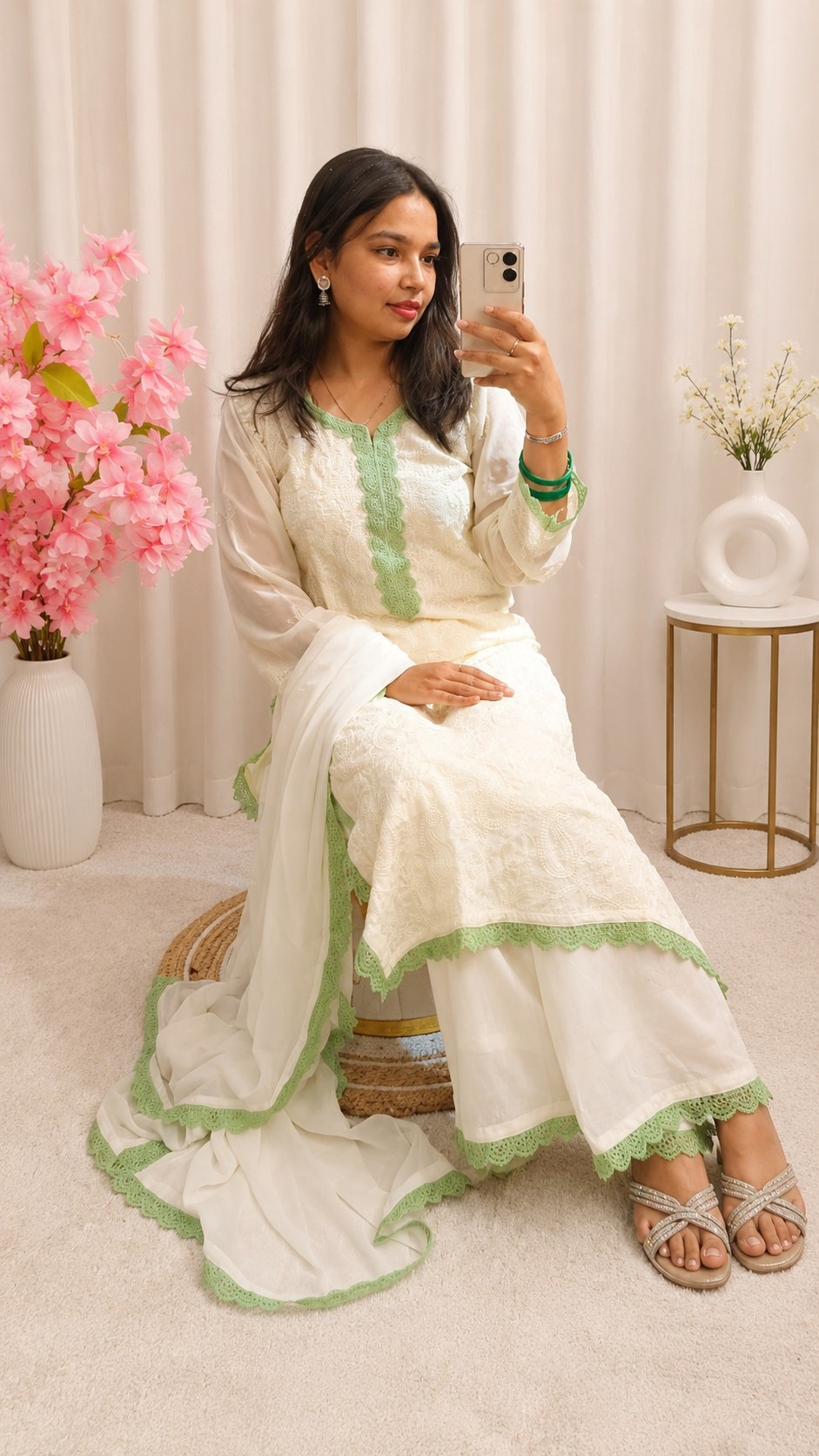 White Green Chikankari Kurti Palazzo Set with Dupatta | Premium Georgette