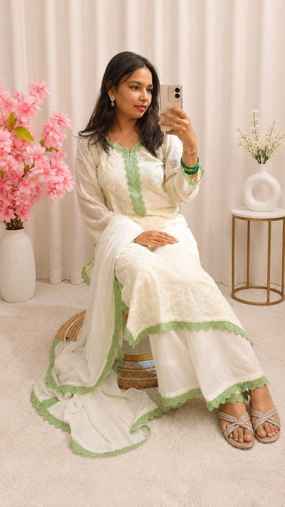 White Green Chikankari Kurti Palazzo Set with Dupatta | Premium Georgette