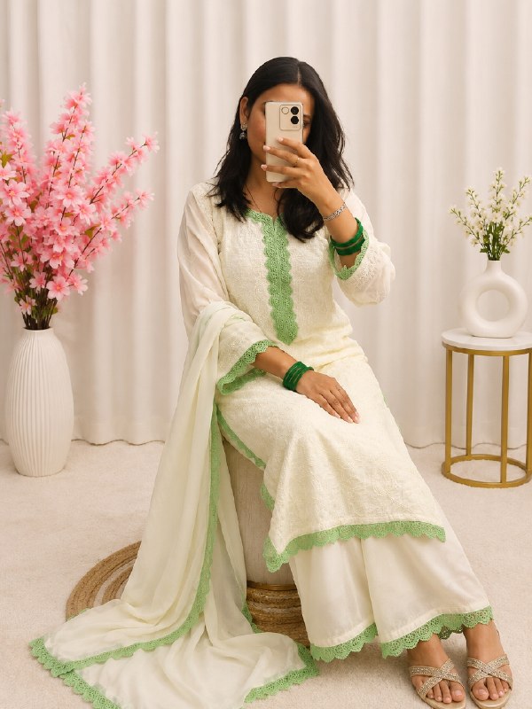 White Green Chikankari Kurti Palazzo Set with Dupatta | Premium Georgette