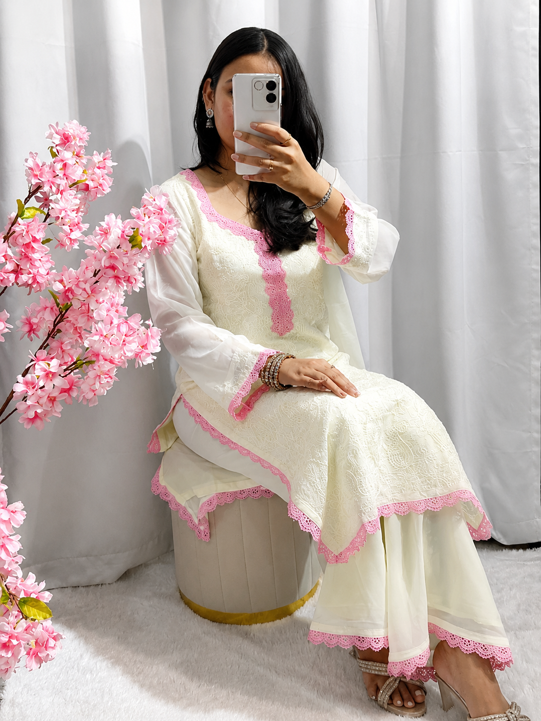 White Pink Chikankari Kurti Palazzo Set with Dupatta | Premium Georgette