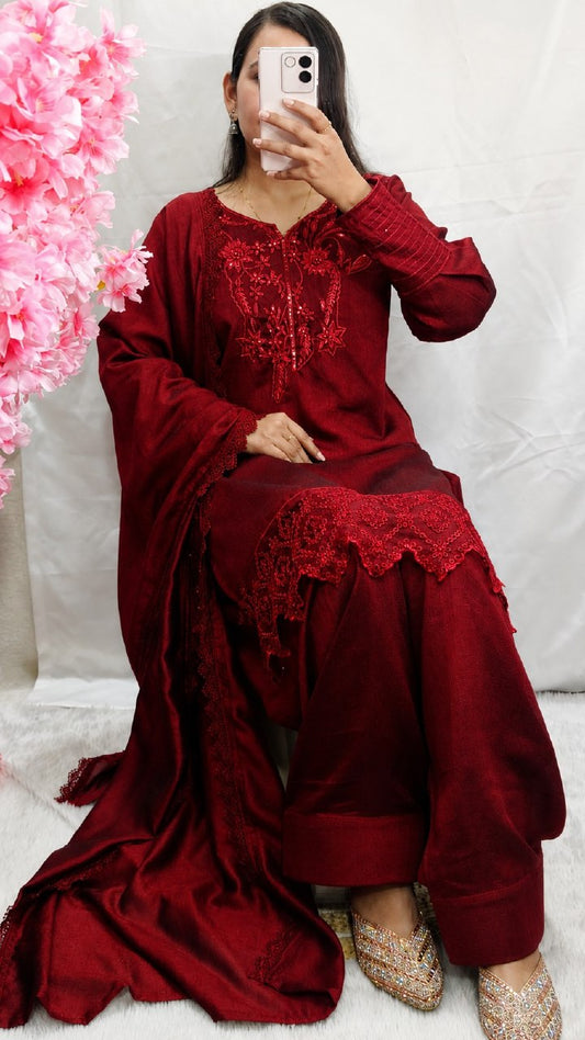 Designer Deep Red Party Wear Farshi Palazzo Set with Embroidered Silk Top & Jimmy Choo Dupatta