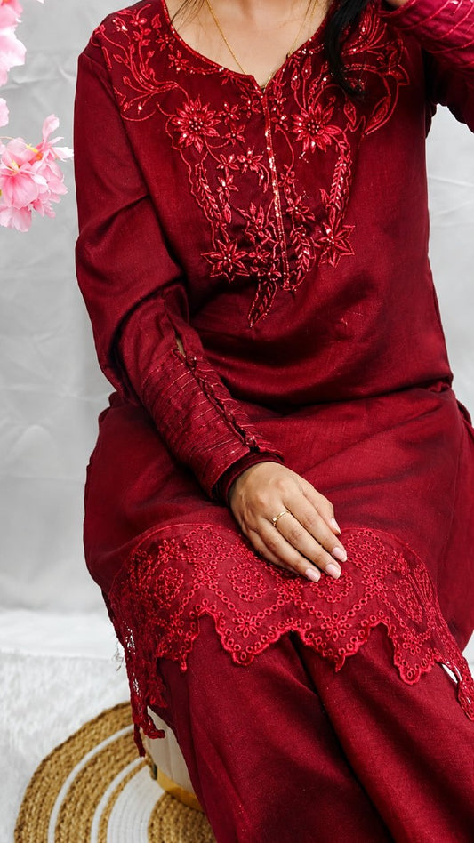 Designer Deep Red Party Wear Farshi Palazzo Set with Embroidered Silk Top & Jimmy Choo Dupatta