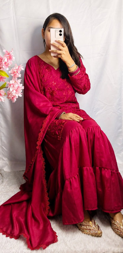 Royal Crimson Embroidered Sharara Set with Silk Blend Fabric & Dupatta