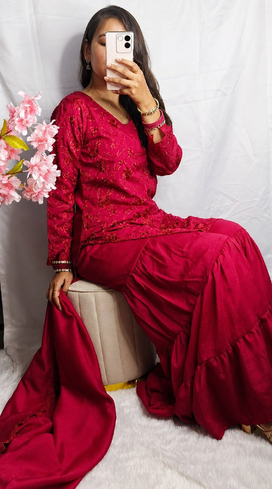 Royal Crimson Embroidered Sharara Set with Silk Blend Fabric & Dupatta