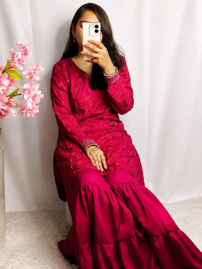 Royal Crimson Embroidered Sharara Set with Silk Blend Fabric & Dupatta