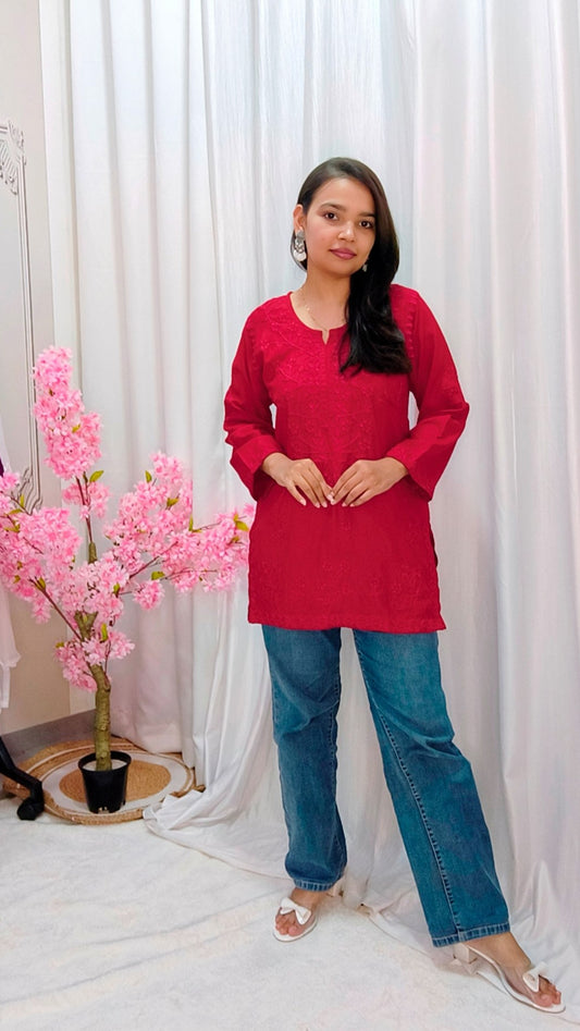 Women’s Red Rayon Cotton Chikankari Short Kurti
