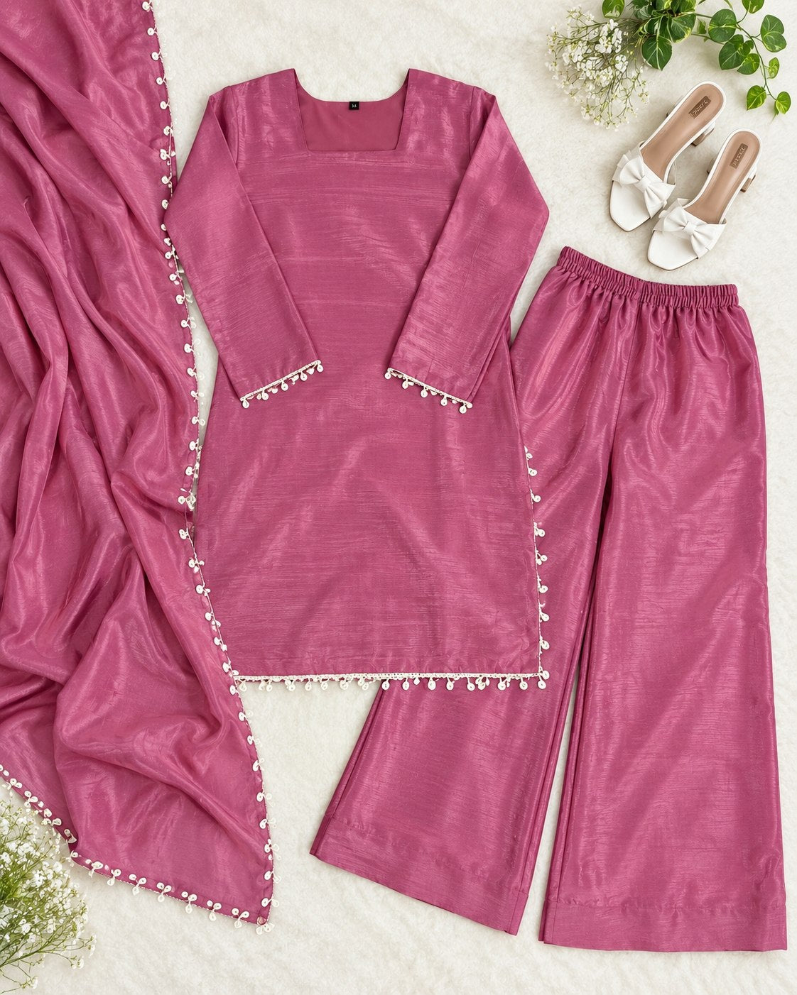 Elegant Pink Kurta Palazzo Set With Dupatta