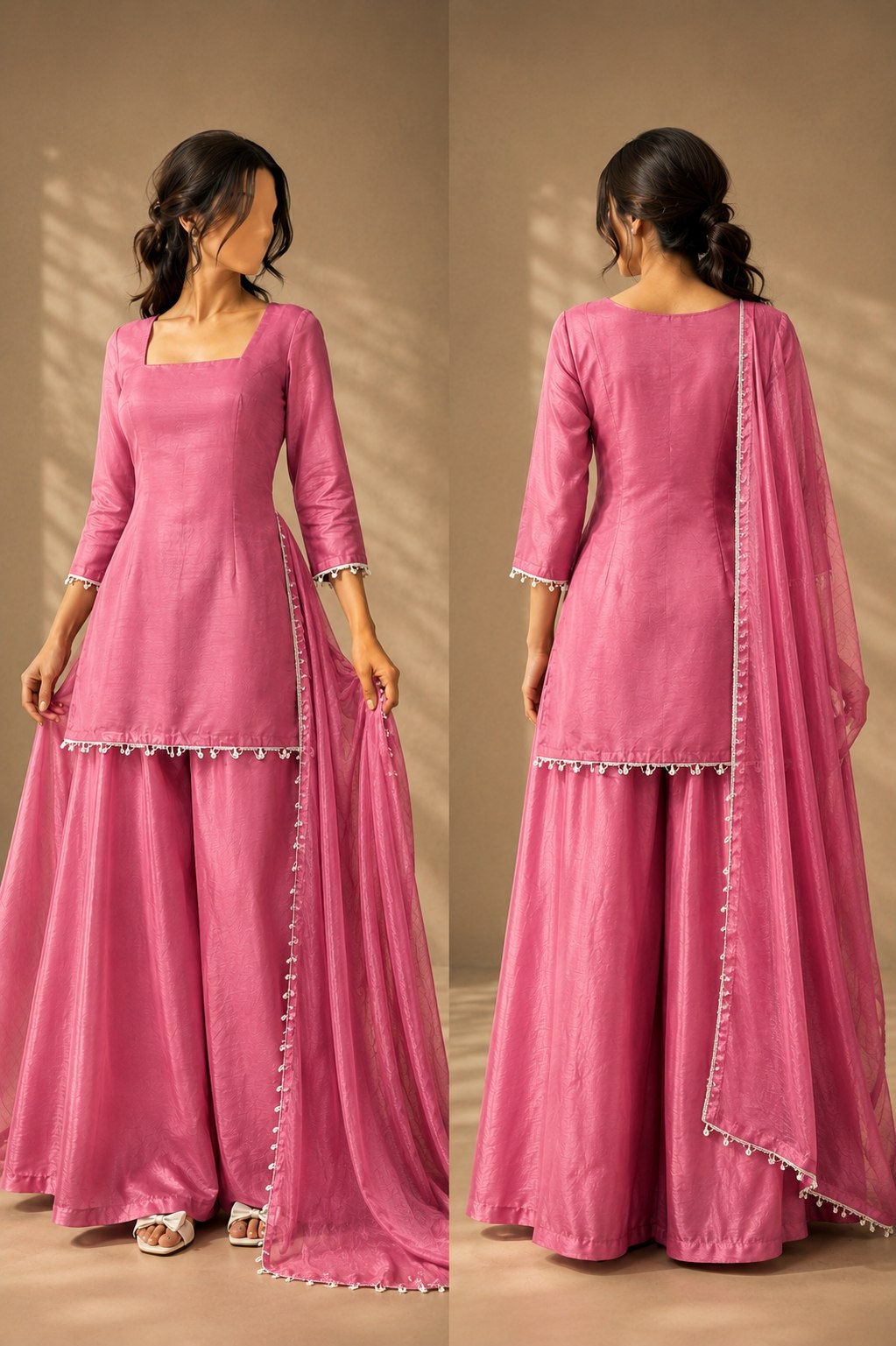 Elegant Pink Kurta Palazzo Set With Dupatta