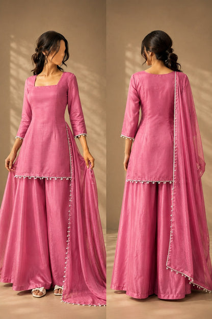 Elegant Pink Kurta Palazzo Set With Dupatta