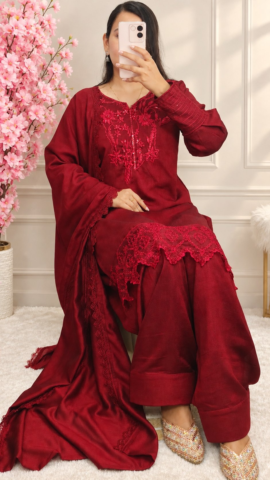 Designer Deep Red Party Wear Farshi Palazzo Set with Embroidered Silk Top & Jimmy Choo Dupatta