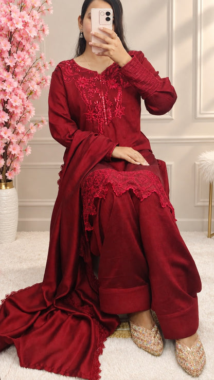 Designer Deep Red Party Wear Farshi Palazzo Set with Embroidered Silk Top & Jimmy Choo Dupatta