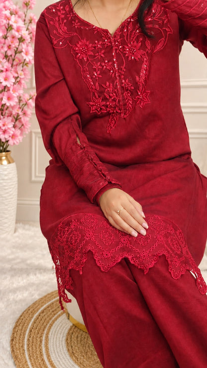 Designer Deep Red Party Wear Farshi Palazzo Set with Embroidered Silk Top & Jimmy Choo Dupatta