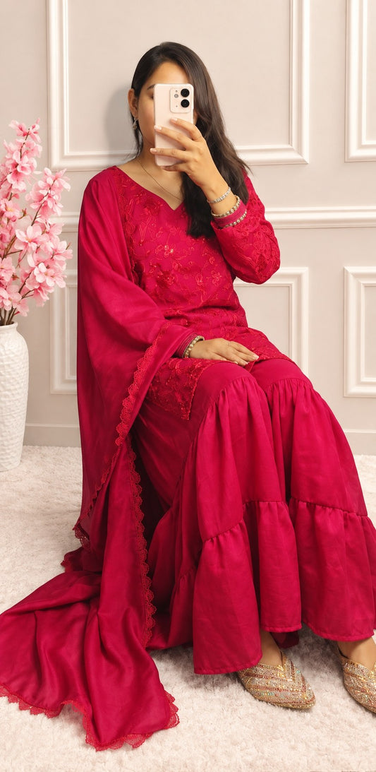 Royal Crimson Embroidered Sharara Set with Silk Blend Fabric & Dupatta