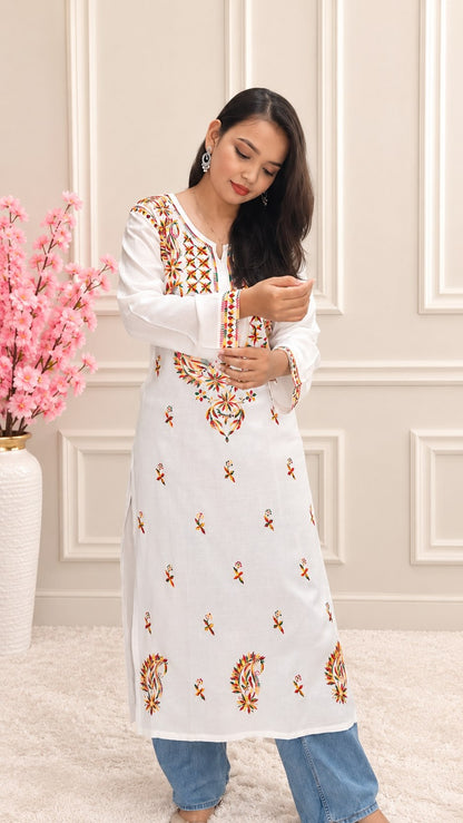 Women White Multicolor Embroidered Straight Kurta | Round Neck | Floral Thread Work Ethnic Wear