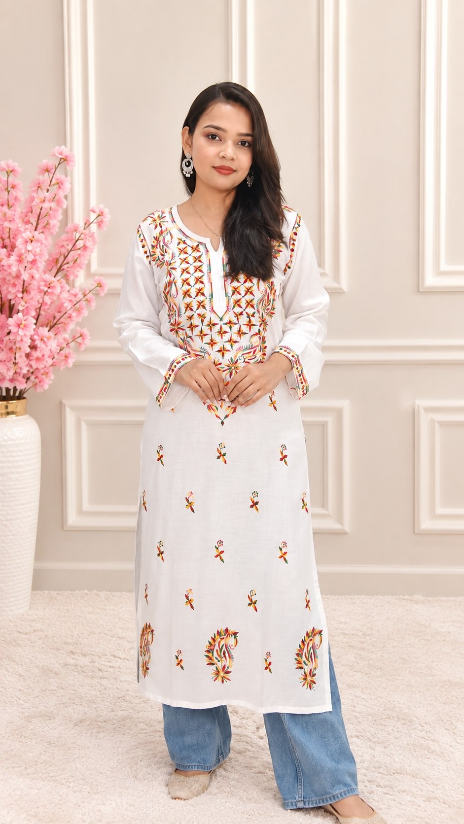 Women White Multicolor Embroidered Straight Kurta | Round Neck | Floral Thread Work Ethnic Wear