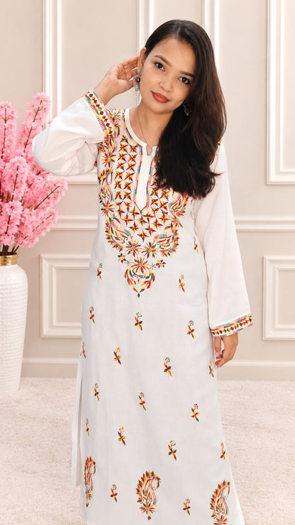 Women White Multicolor Embroidered Straight Kurta | Round Neck | Floral Thread Work Ethnic Wear