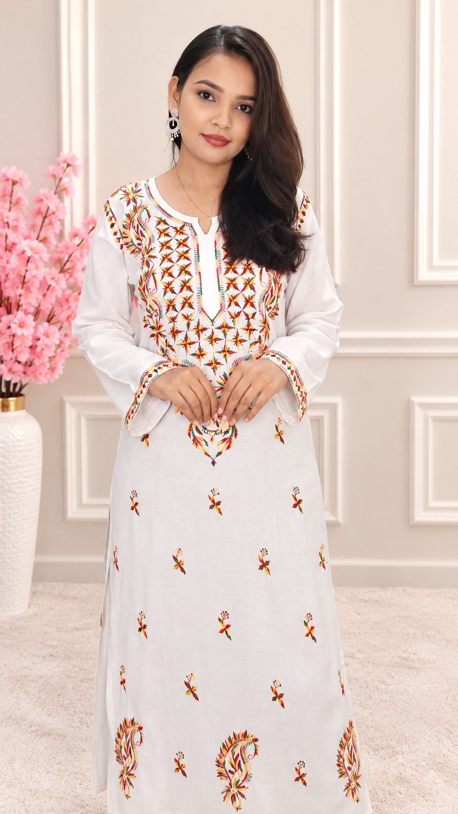 Women White Multicolor Embroidered Straight Kurta | Round Neck | Floral Thread Work Ethnic Wear