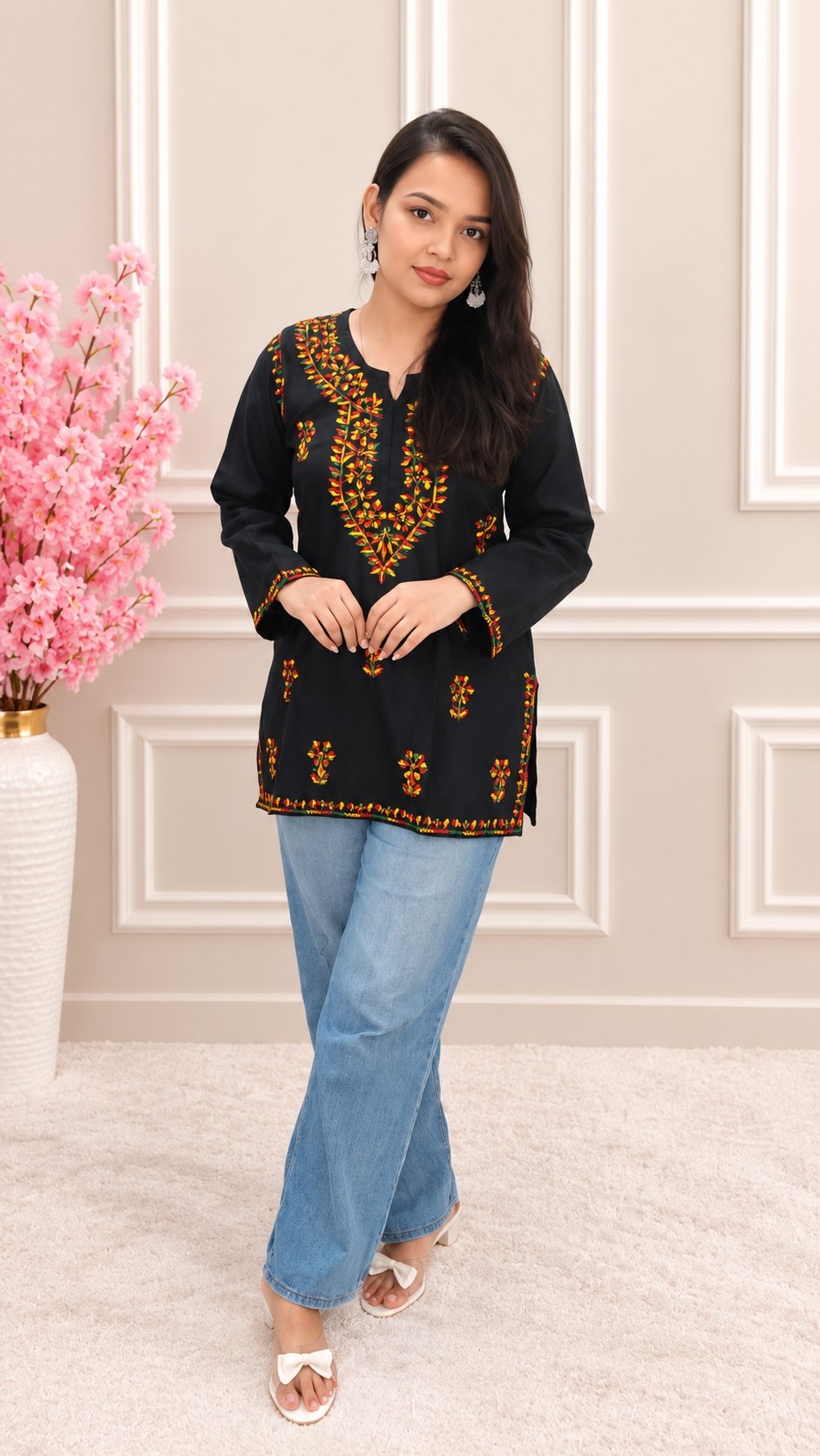 Women’s Rayon Cotton Chikankari Short Kurti | Black Embroidered Office & Daily Wear