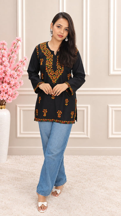 Women’s Rayon Cotton Chikankari Short Kurti | Black Embroidered Office & Daily Wear