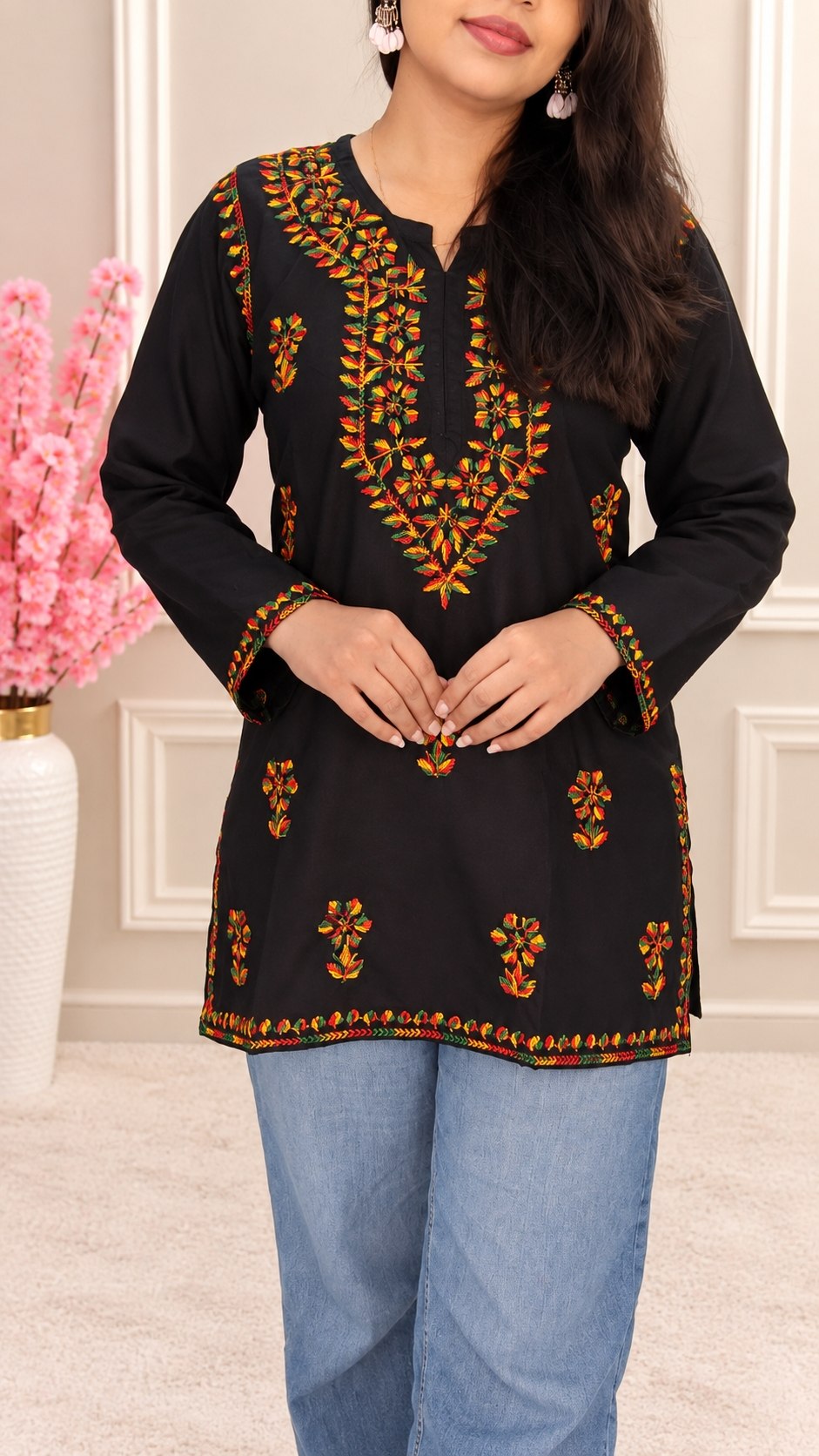 Women’s Rayon Cotton Chikankari Short Kurti | Black Embroidered Office & Daily Wear