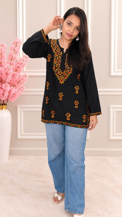 Women’s Rayon Cotton Chikankari Short Kurti | Black Embroidered Office & Daily Wear