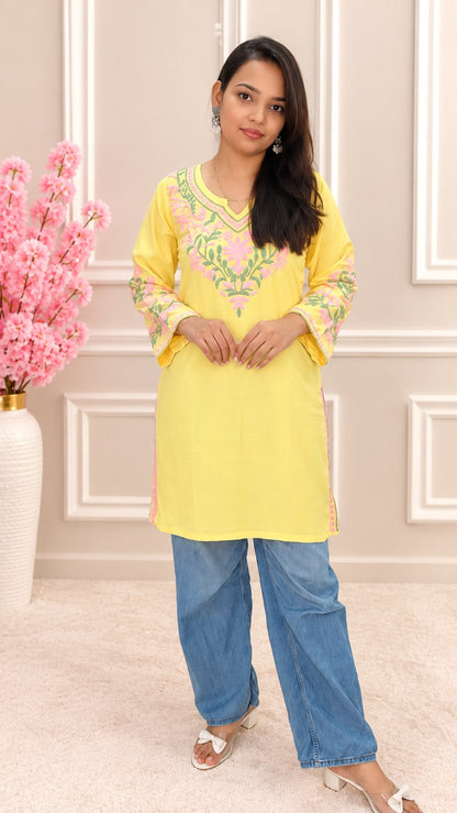 Women’s Pastel Yellow Chikankari Embroidered Straight Kurta | V-Neck | Ethnic Wear