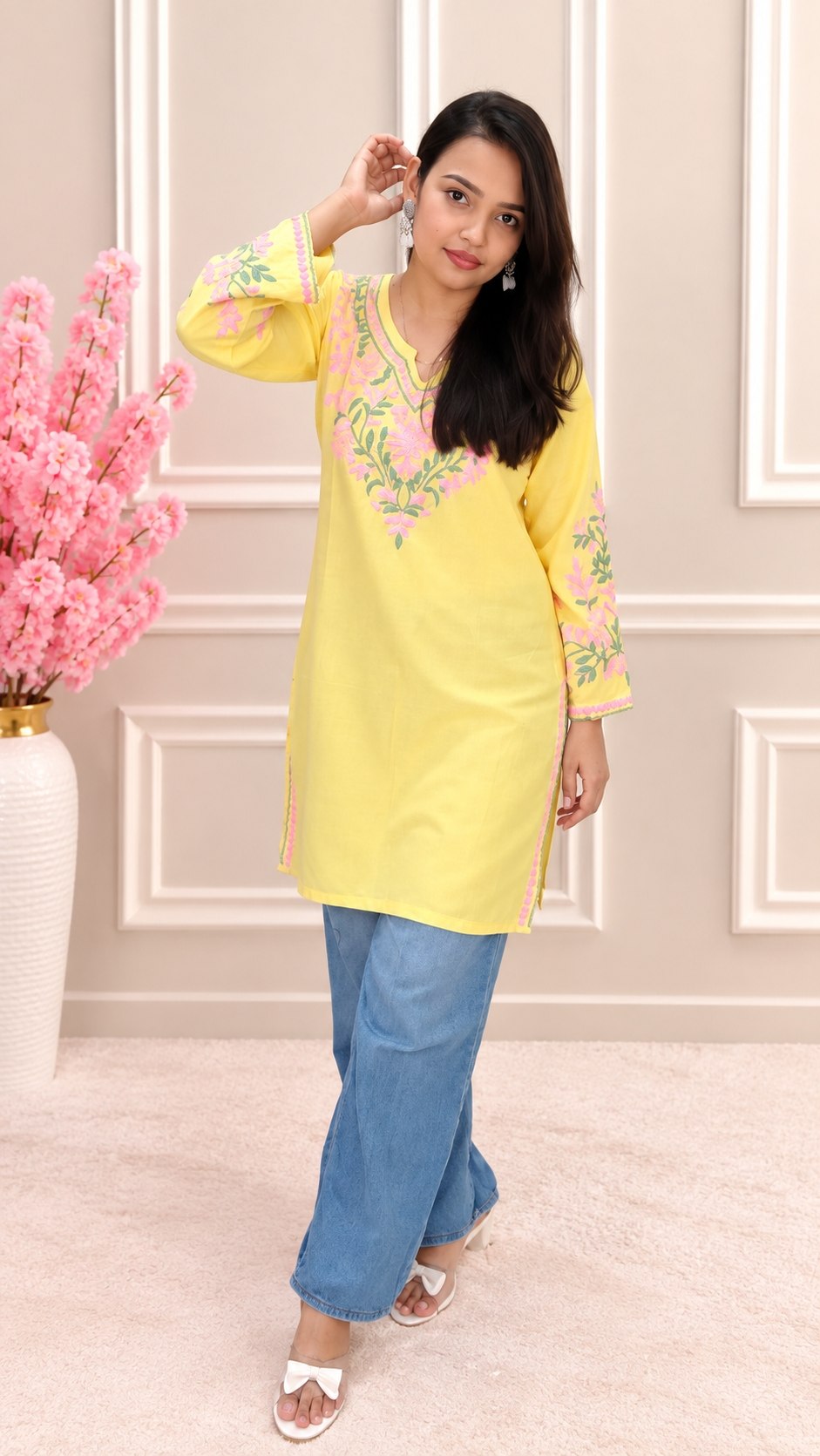 Women’s Pastel Yellow Chikankari Embroidered Straight Kurta | V-Neck | Ethnic Wear