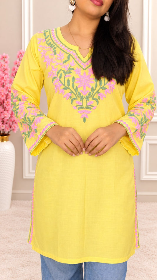 Women’s Pastel Yellow Chikankari Embroidered Straight Kurta | V-Neck | Ethnic Wear