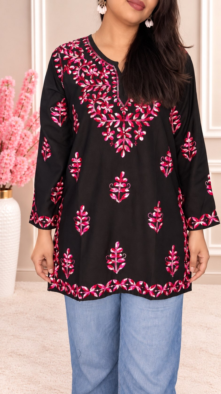 Women’s Black & Pink Chikankari Embroidered Short Kurti