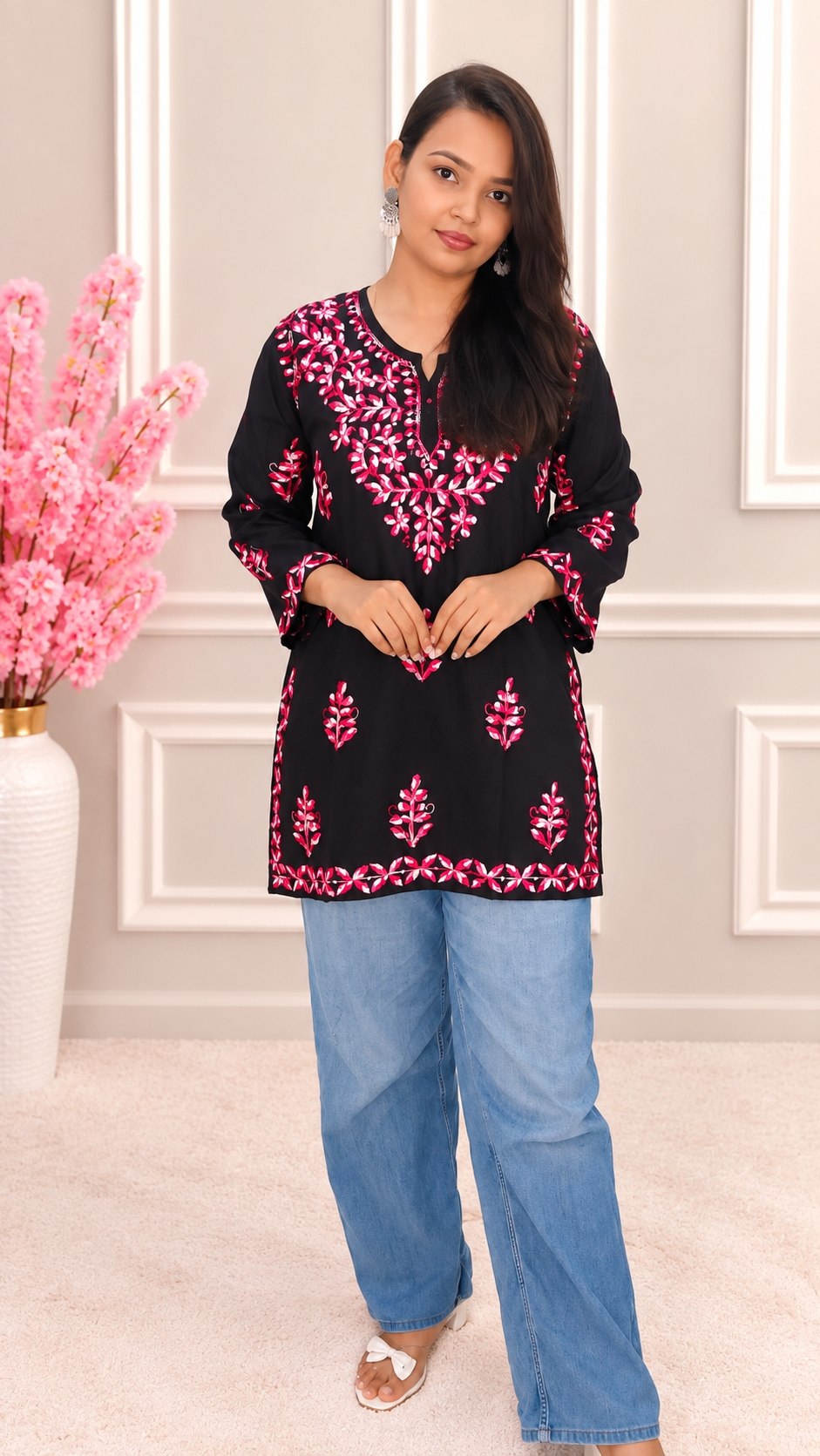 Women’s Black & Pink Chikankari Embroidered Short Kurti