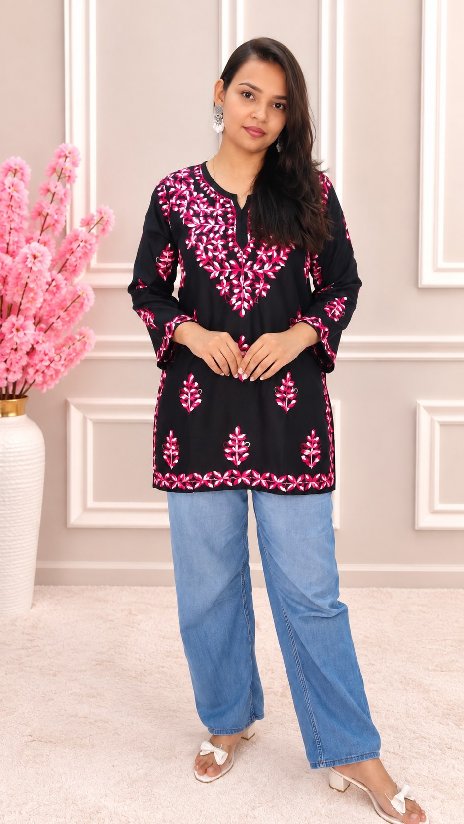 Women’s Black & Pink Chikankari Embroidered Short Kurti