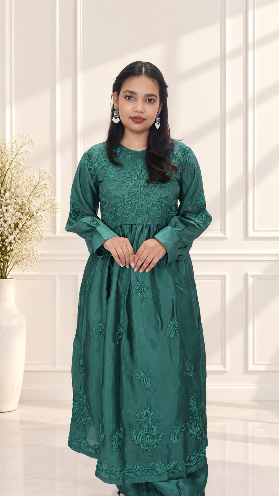 Women’s Premium Silk Afghani Chikankari Tunic Co-ord Set