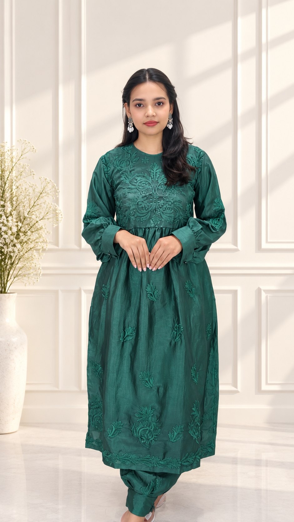 Women’s Premium Silk Afghani Chikankari Tunic Co-ord Set