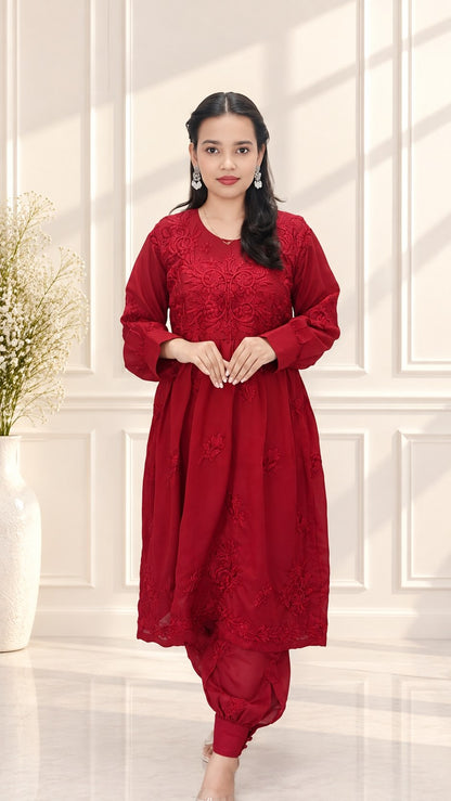 Women’s Premium Silk Afghani Chikankari Tunic Co-ord Set