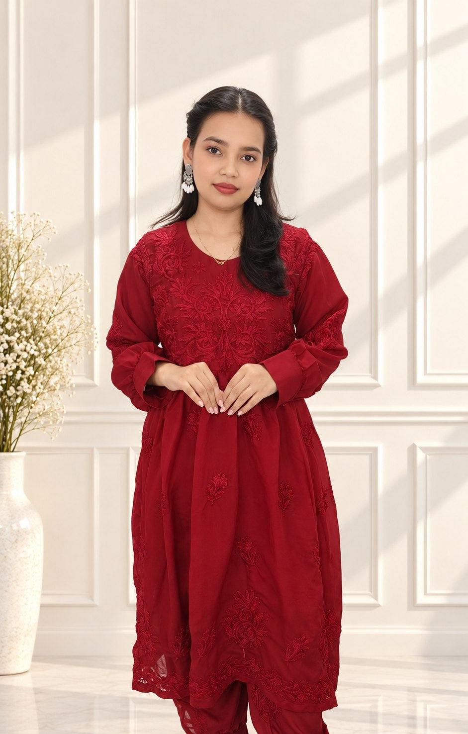 Women’s Premium Silk Afghani Chikankari Tunic Co-ord Set