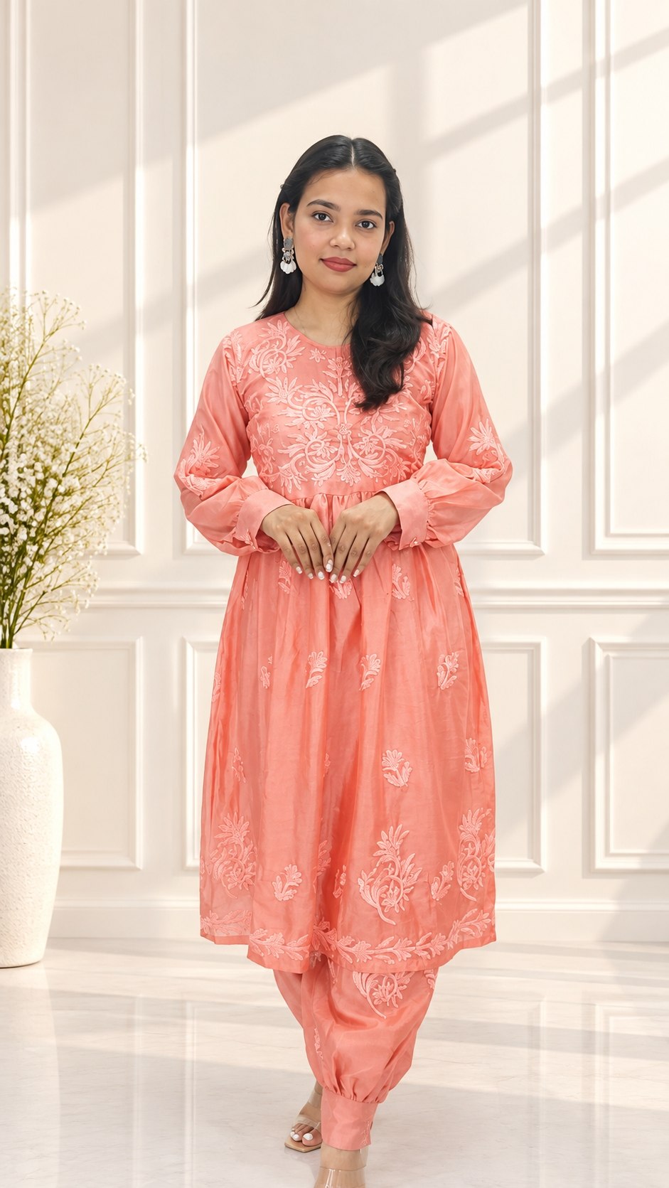 Women’s Premium Silk Afghani Chikankari Tunic Co-ord Set