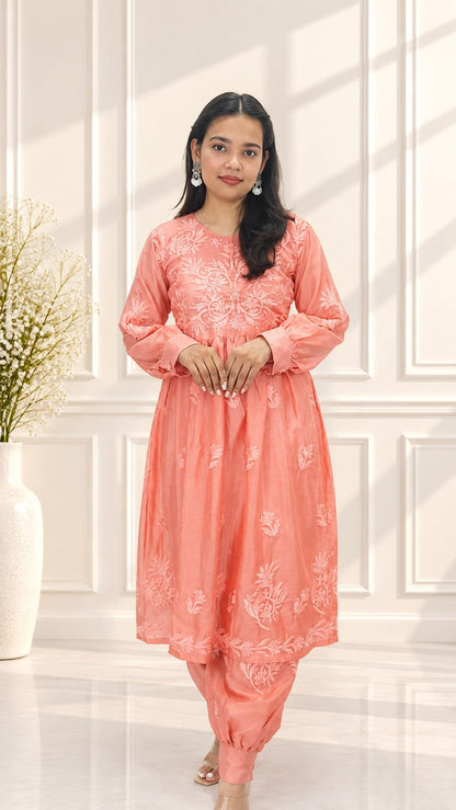 Women’s Premium Silk Afghani Chikankari Tunic Co-ord Set