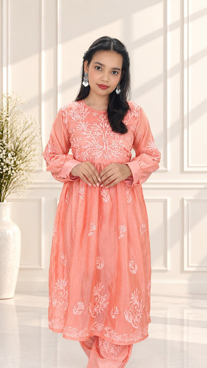 Women’s Premium Silk Afghani Chikankari Tunic Co-ord Set