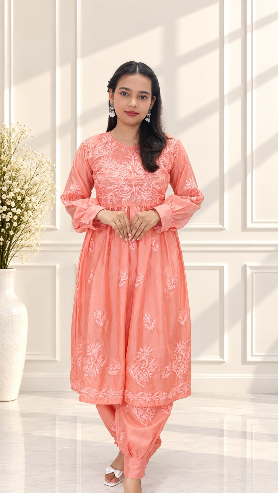 Women’s Premium Silk Afghani Chikankari Tunic Co-ord Set