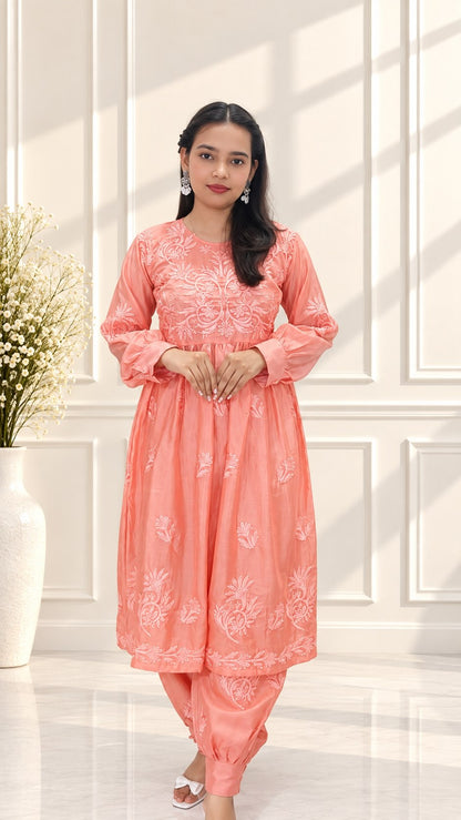 Women’s Premium Silk Afghani Chikankari Tunic Co-ord Set