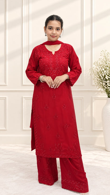 Women’s Rayon Cotton Chikankari Kurta Palazzo Set With Chiffon Dupatta