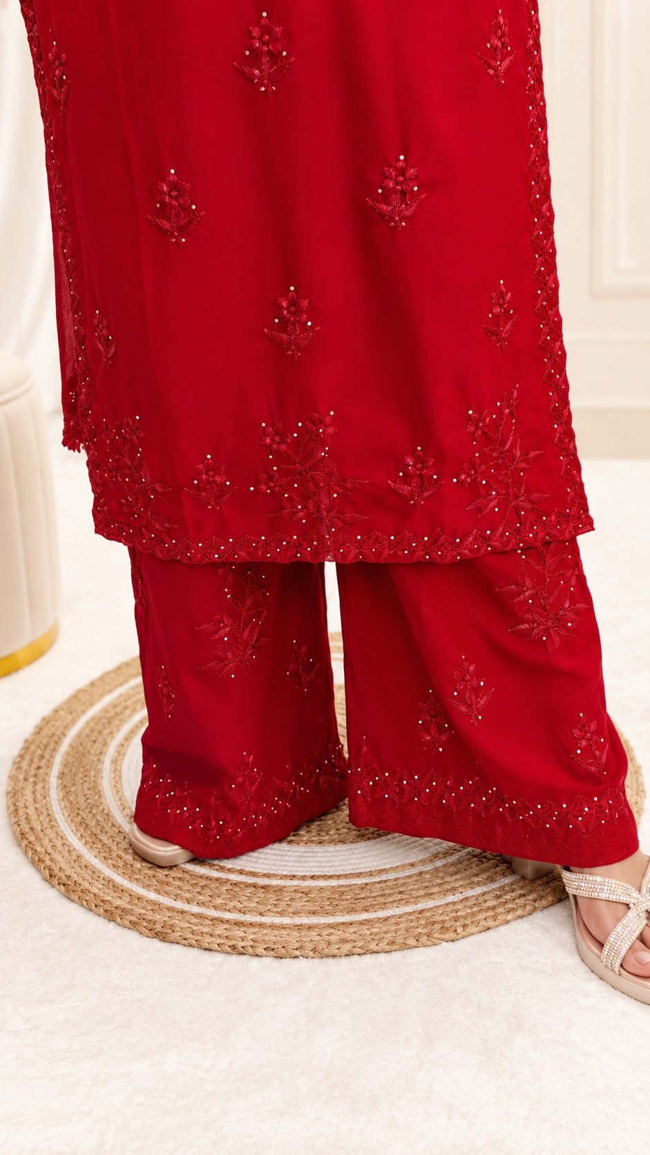 Women’s Rayon Cotton Chikankari Kurta Palazzo Set With Chiffon Dupatta